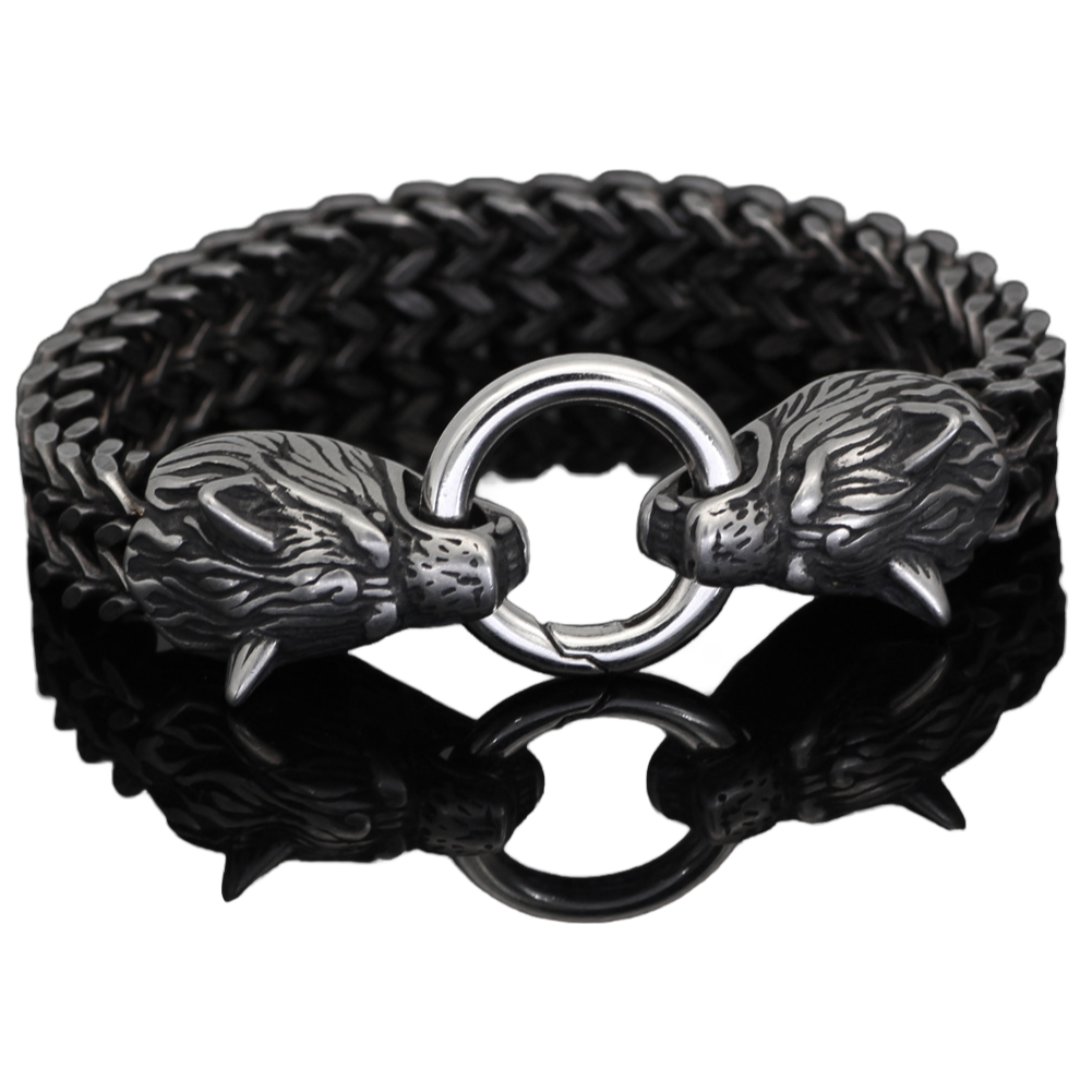 Vintage Viking Double Wolf Head Bracelet