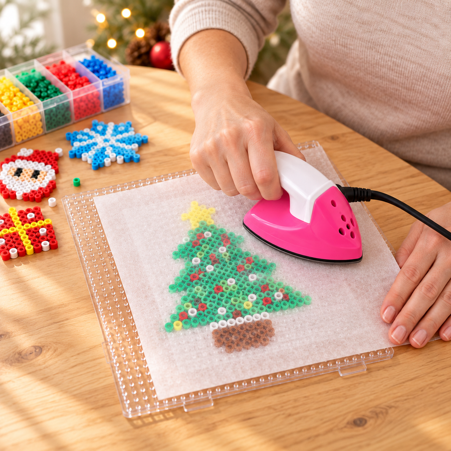 An adult fusing the bead design with an iron