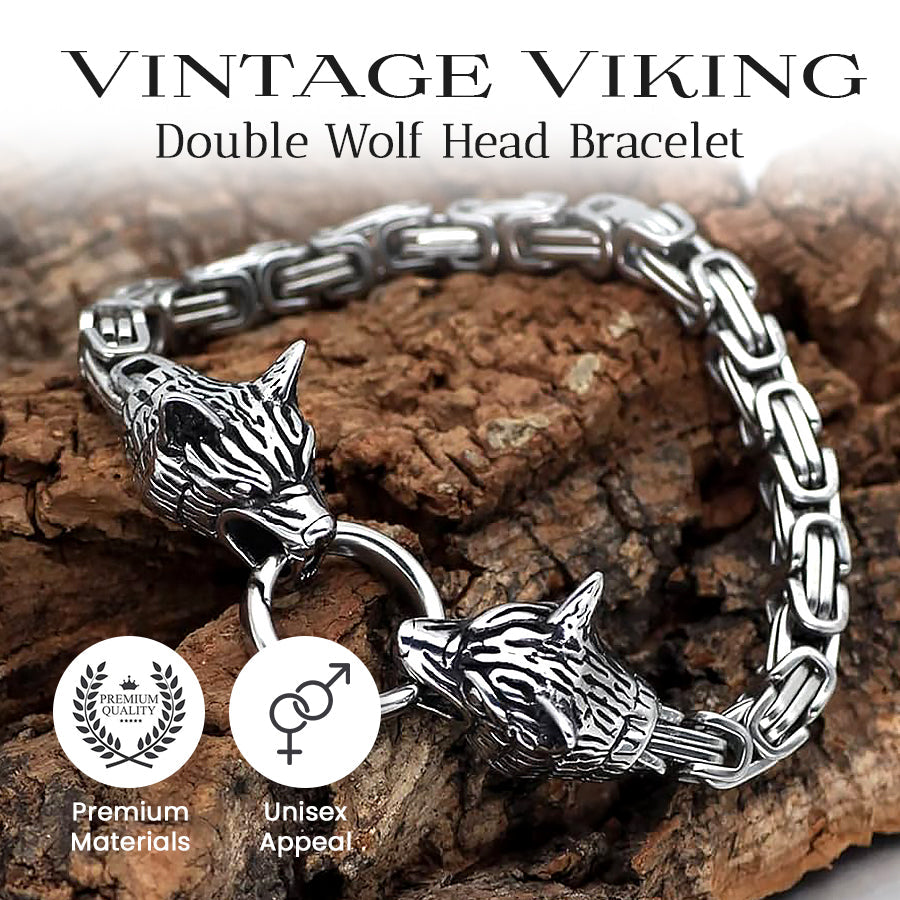 Vintage Viking Double Wolf Head Bracelet