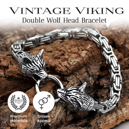 Vintage Viking Double Wolf Head Bracelet