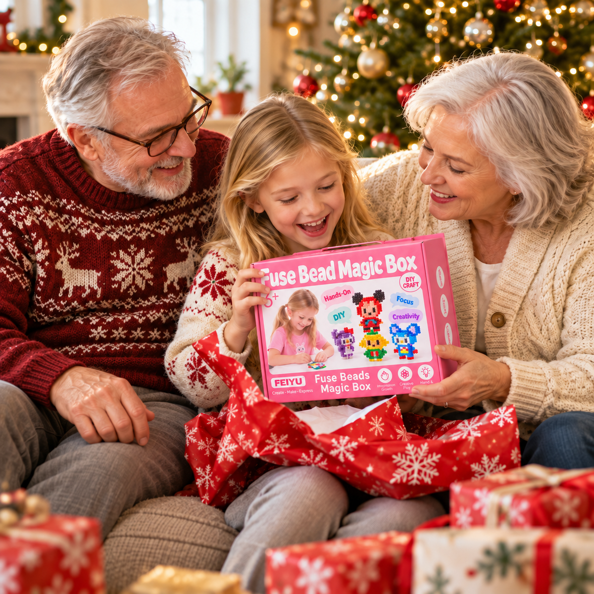 Pink fuse bead gift kit beside a Christmas tree