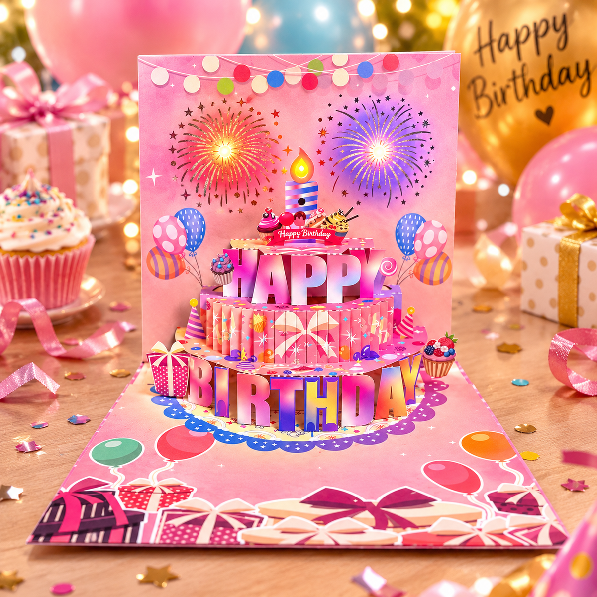 🎂 3D Musical Birthday Card with Blow-Out Candle & Firework Lights