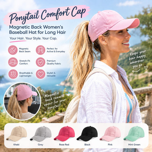 🧢 Ponytail Comfort Cap – Magnetic Back Women’s Baseball Hat for Long Hair