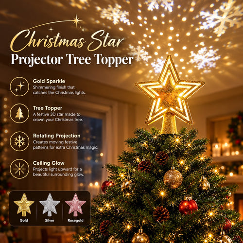 Christmas Star Projector Tree Topper – 3D Illuminated Star with Rotating Snowflake Light