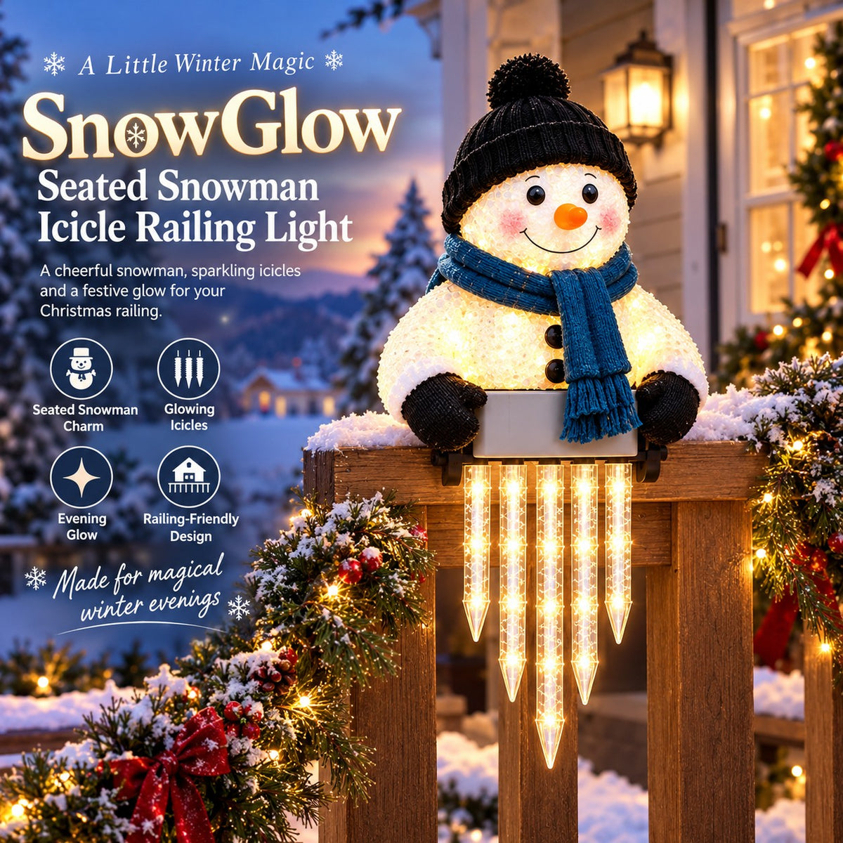 SnowGlow Seated Snowman Icicle Railing Light