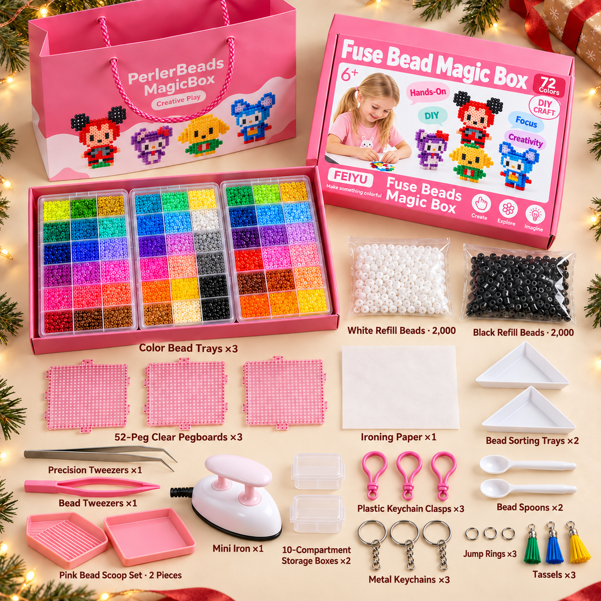 Pink fuse bead gift box and kit contents