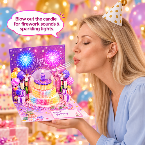 🎂 3D Musical Birthday Card with Blow-Out Candle & Firework Lights