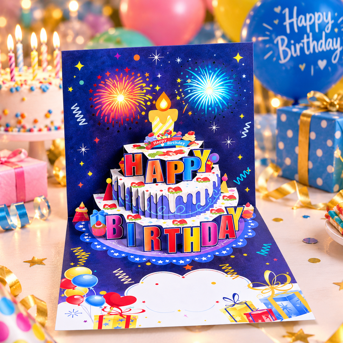 🎂 3D Musical Birthday Card with Blow-Out Candle & Firework Lights